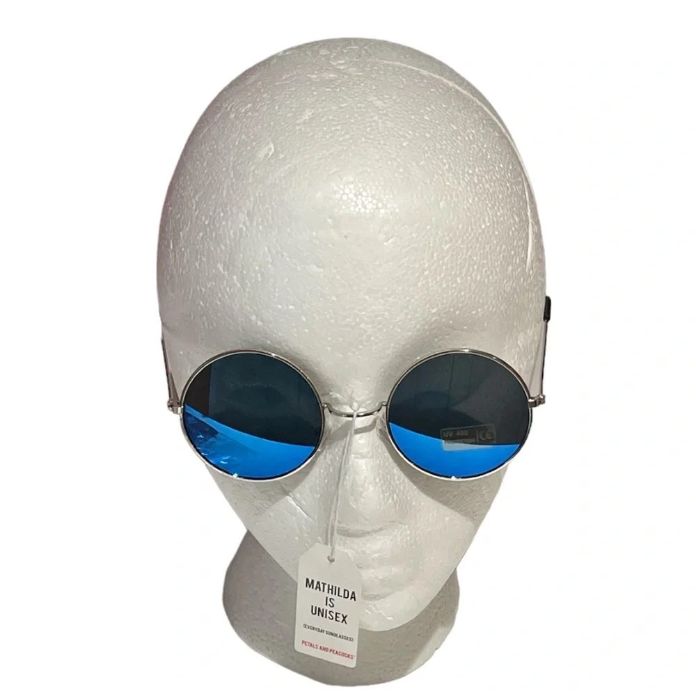 Petals and Peacocks Mathilda Round Sunglasses Blue Silver